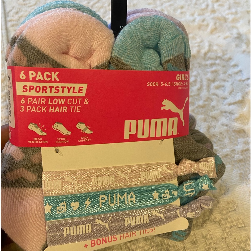 Puma 6 Pack Sportstyle Socks & 3 Pack Hair Tie 5-6.5